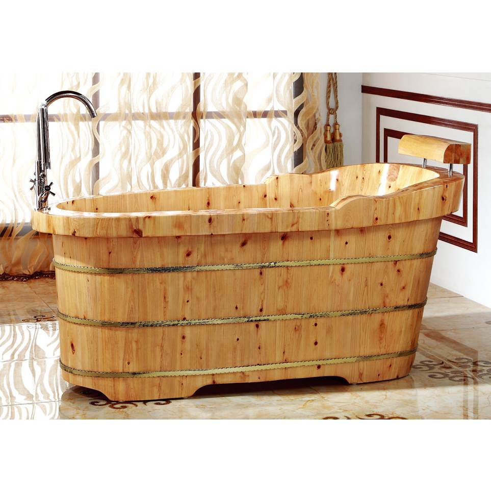 Alfi Trade 61'' Free Standing Cedar Wooden Bathtub with Fixtures & Headrest