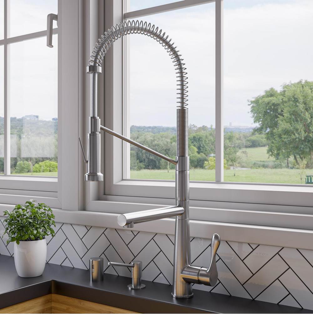 Alfi Trade Brushed Nickel Double Spout Commercial Spring Kitchen Faucet