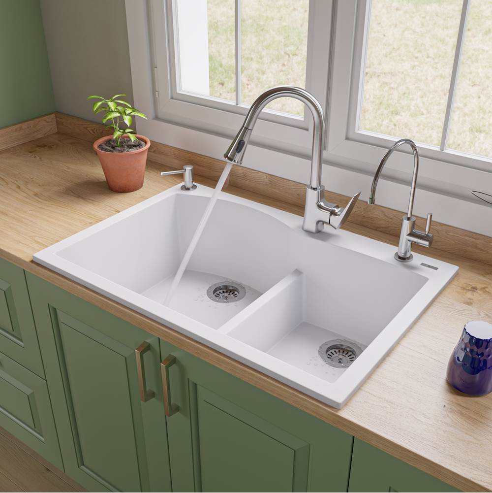 Alfi Trade White 33'' Double Bowl Drop In Granite Composite Kitchen Sink