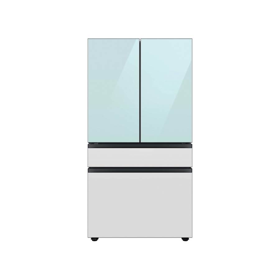 Samsung Bespoke Smart French 4-Door Refrigerator, Beverage Center in Morning Blue Glass Top Panel with White Glass Middle and Bottom Panels, 29 cu- ft