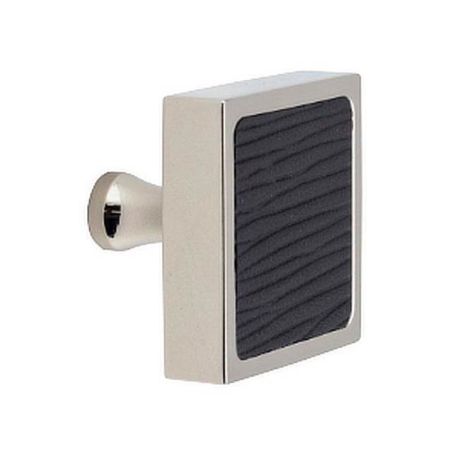 Colonial Bronze Leather Accented Square Cabinet Knob With Flared Post, Satin Chrome x Pinseal Black Seal Leather
