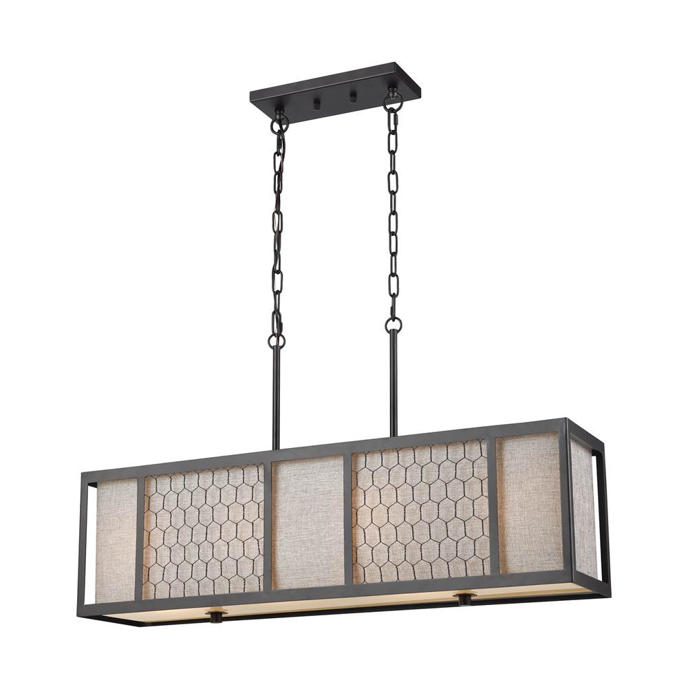 Elk Lighting Filmore 4-Light Linear Chandelier in Oil Rubbed Bronze With Wire Mesh and Gray Linen Shade