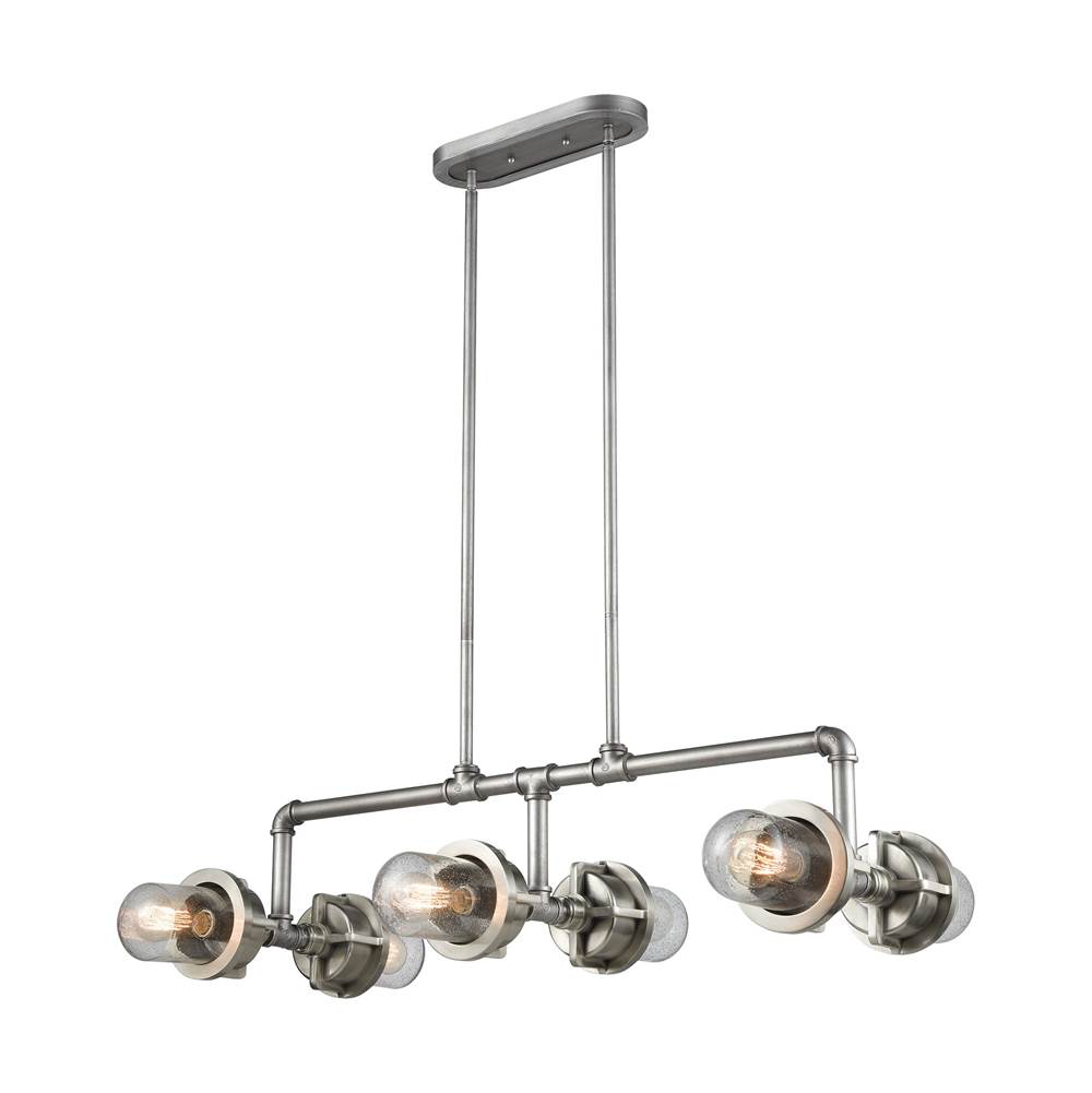 Elk Lighting Briggs 6-Light Linear Chandelier in Weathered Zinc and Satin Nickel With Seedy Glass