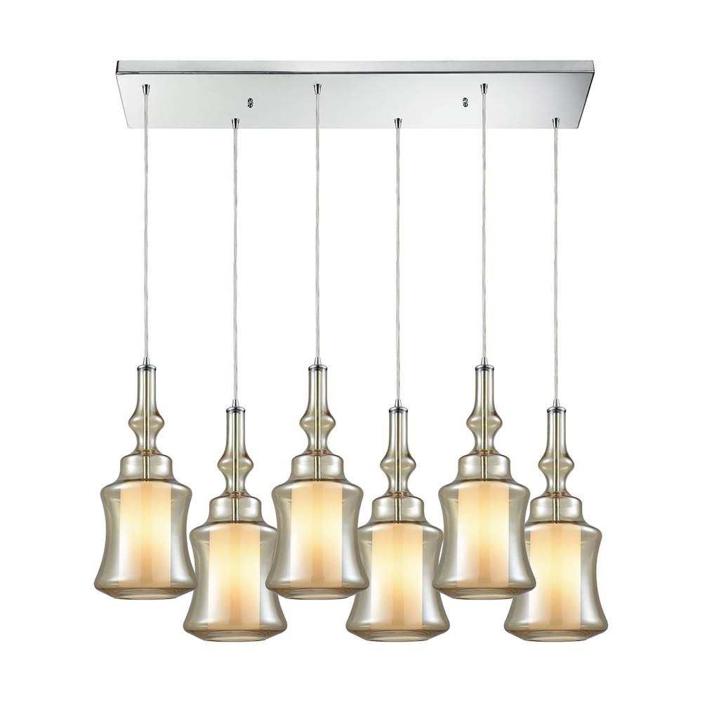 Elk Lighting Alora 6-Light Rectangular Pendant Fixture in Chrome with Champagne-plated and Opal White Glass