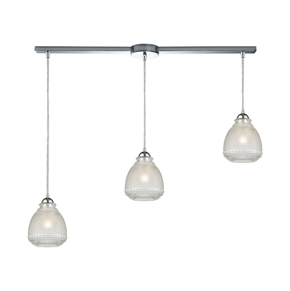 Elk Lighting Victoriana 3-Light Linear Mini Pendant Fixture in Polished Chrome with Clear Crosshatched Glass