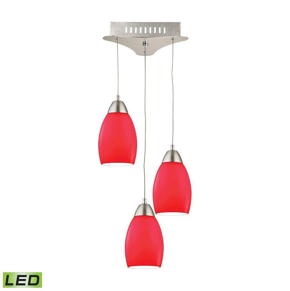 Elk Lighting Buro Triple LED Pendant Complete With Red Glass Shade and Holder