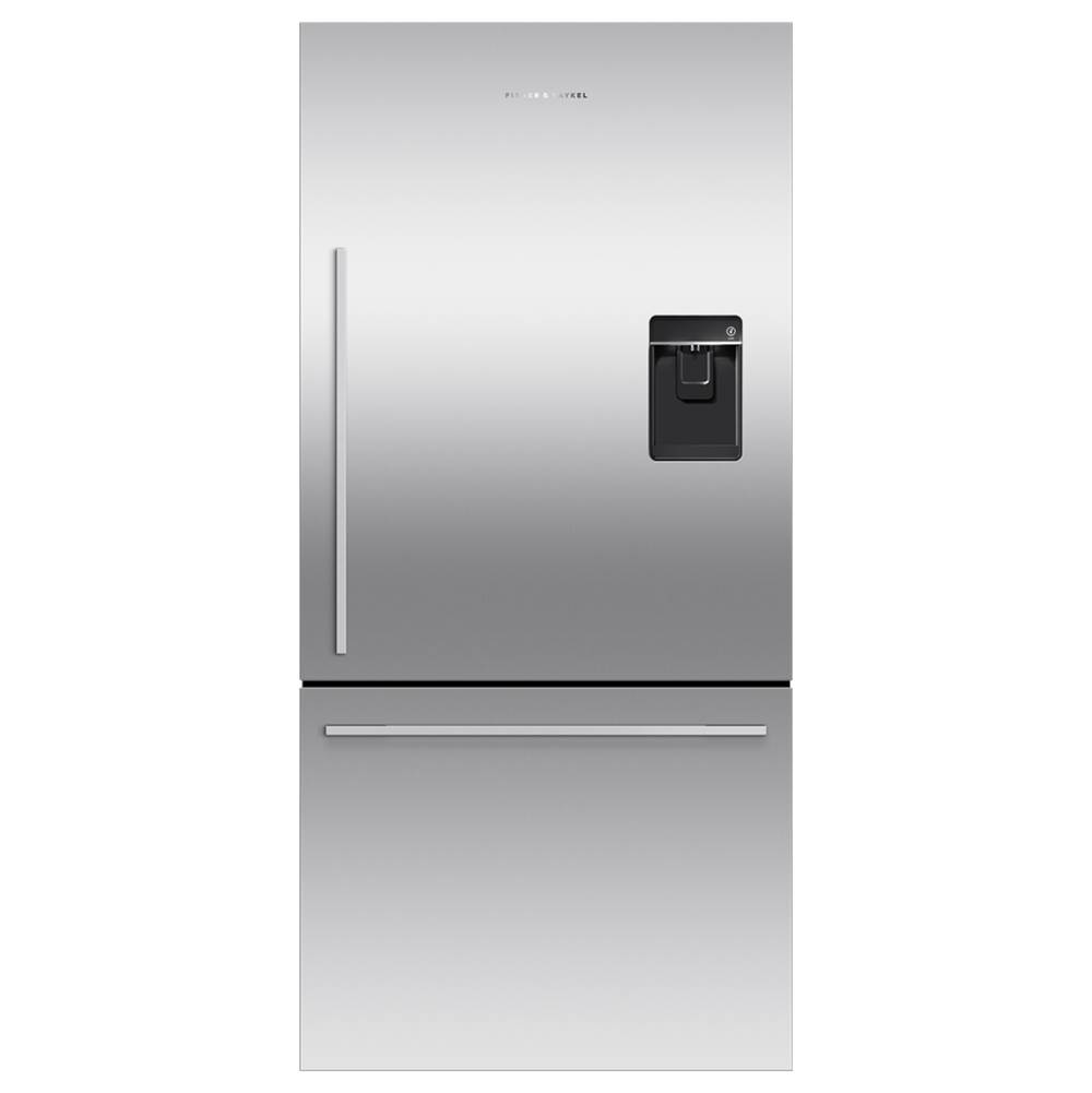 Fisher & Paykel 32'' Bottom Mount Refrigerator Freezer, Stainless Steel, 17.1 cu ft, Ice & External Water, Counter Depth, Right Hinge, Contemporary Square Handle