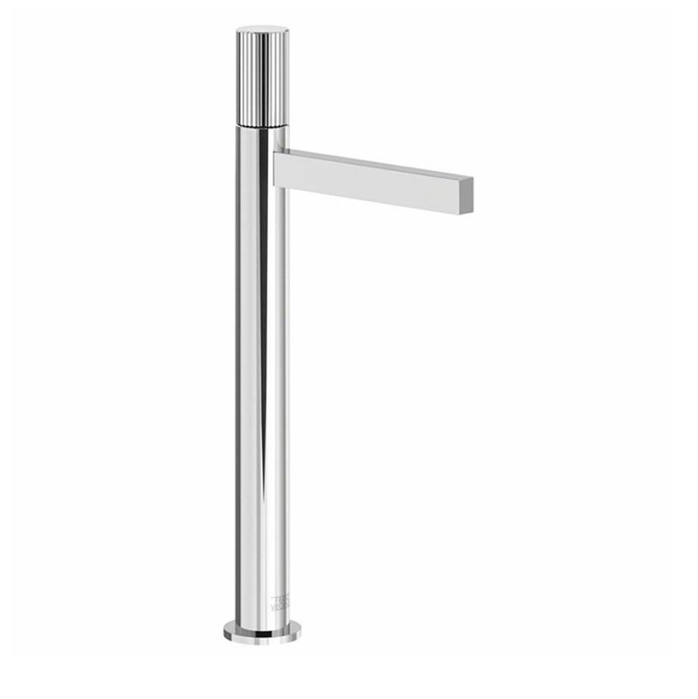 Franz Viegener Tall Vessel Height, Single Handle Lavatory Set, Vertical Lines Cylinder Handle, With Push-Down Pop-Up Drain Assembly (No Lift Rod)