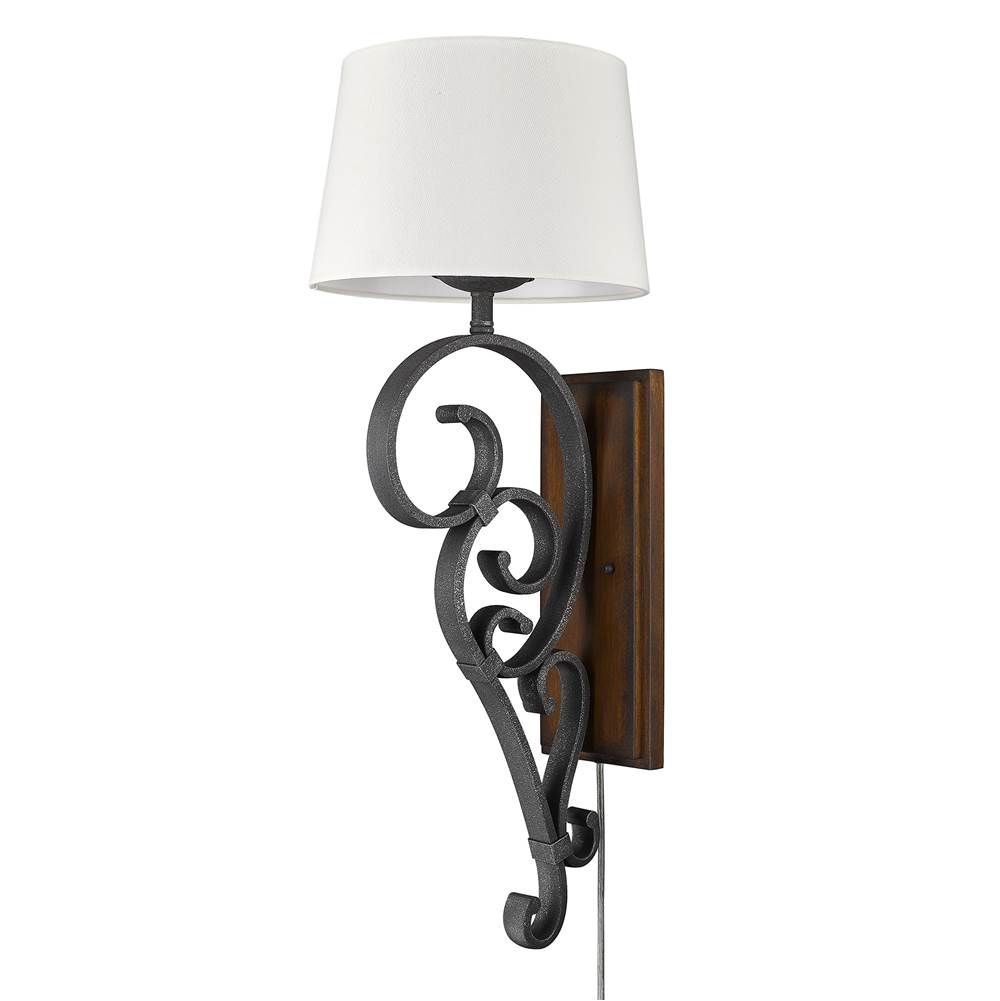 Golden Lighting Madera BI Large 1 Light Wall Sconce in Black Iron with Rustic Oak Shade