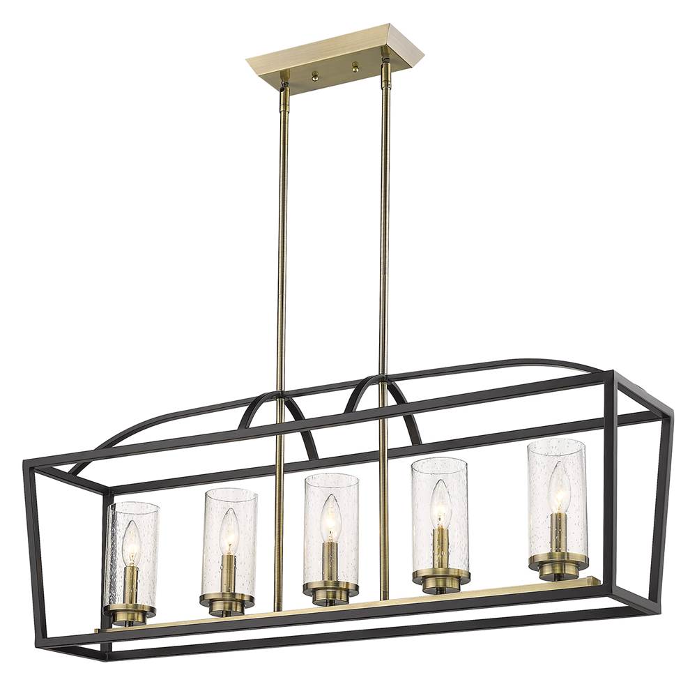 Golden Lighting Mercer 5 Light Linear Pendant in Matte Black with Aged Brass accents and Seeded Glass