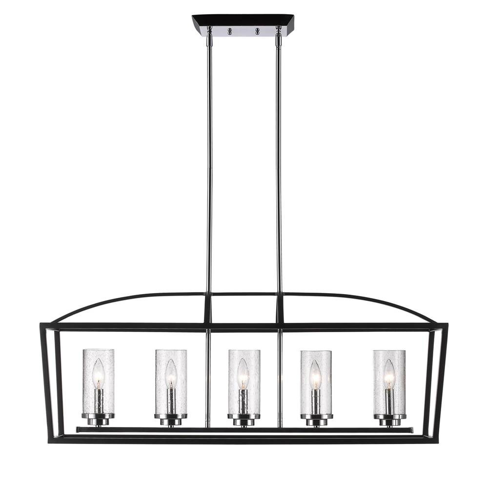 Golden Lighting Mercer 5 Light Linear Pendant in Matte Black with Chrome accents and Seeded Glass