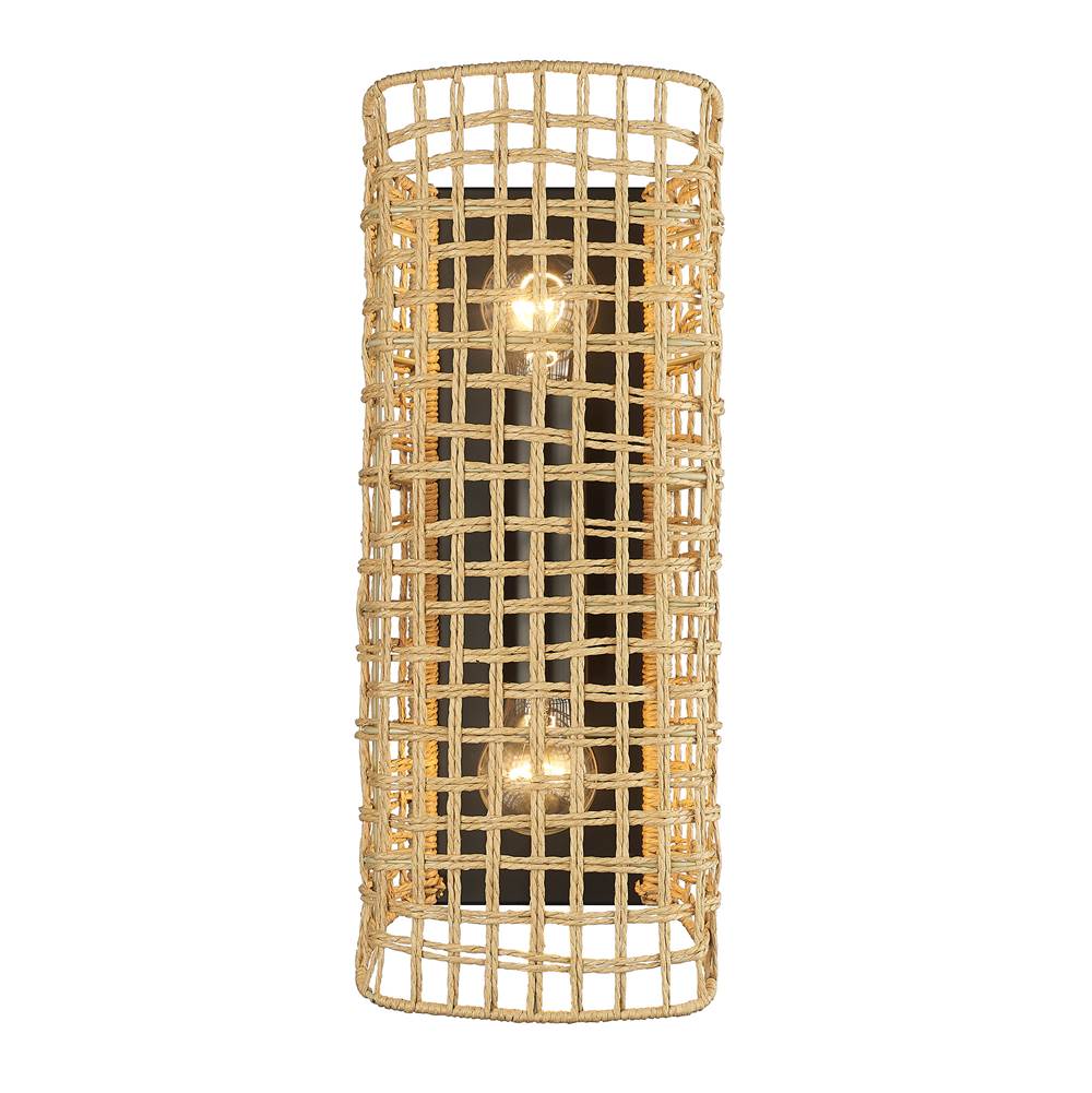 Golden Lighting Layney 2 Light Wall Sconce in Matte Black with Natural Raphia Rope Shade