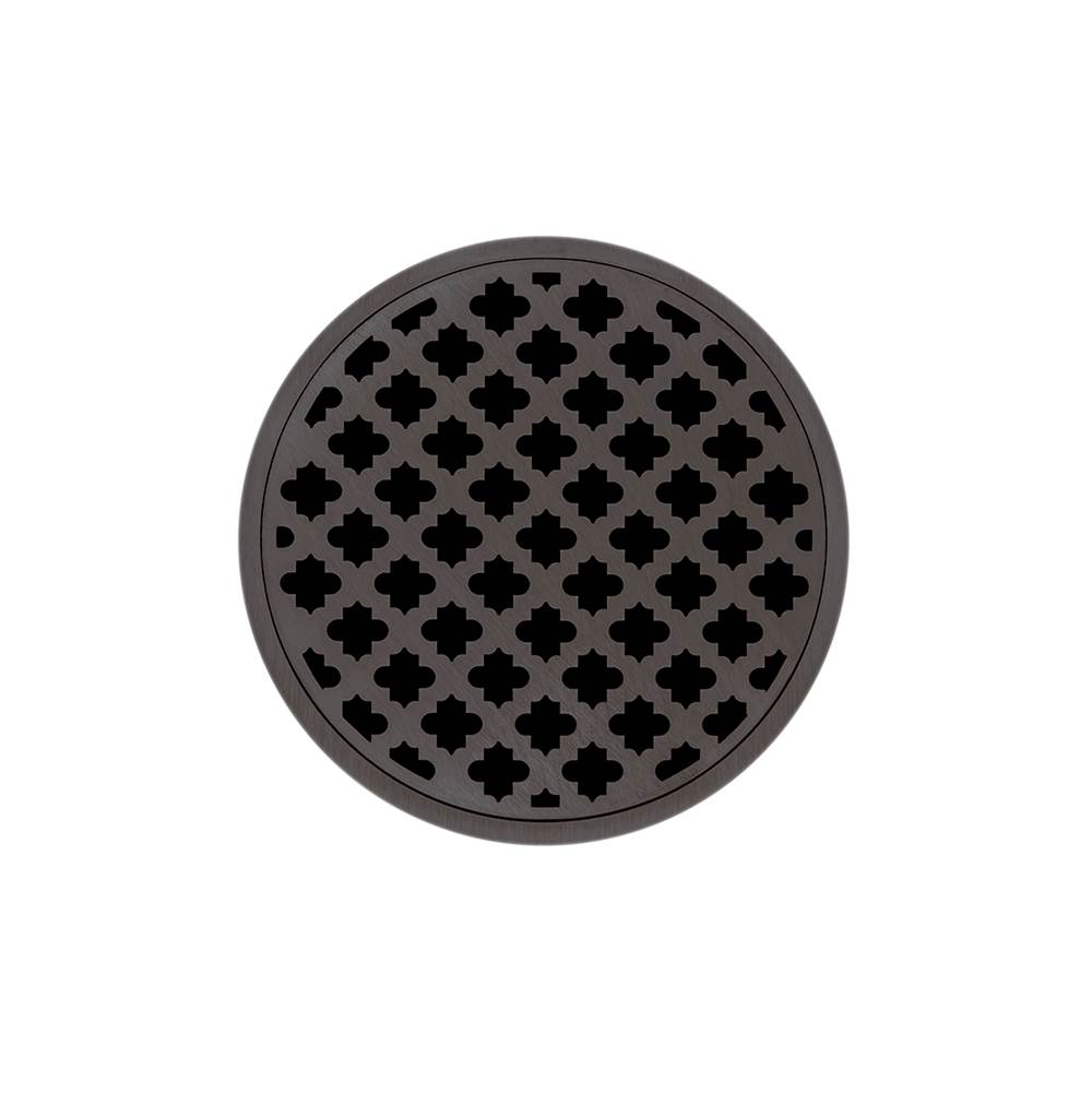 Infinity Drain 5'' Round RMD 5 High Flow Complete Kit with Moor Pattern Decorative Plate in Oil Rubbed Bronze with PVC Drain Body, 3'' Outlet