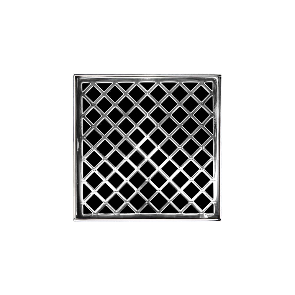 Infinity Drain 5'' x 5'' XDB 5 Complete Kit with Criss-Cross Pattern Decorative Plate in Polished Stainless with ABS Bonded Flange Drain Body, 2'', 3'' and 4'' Outlet