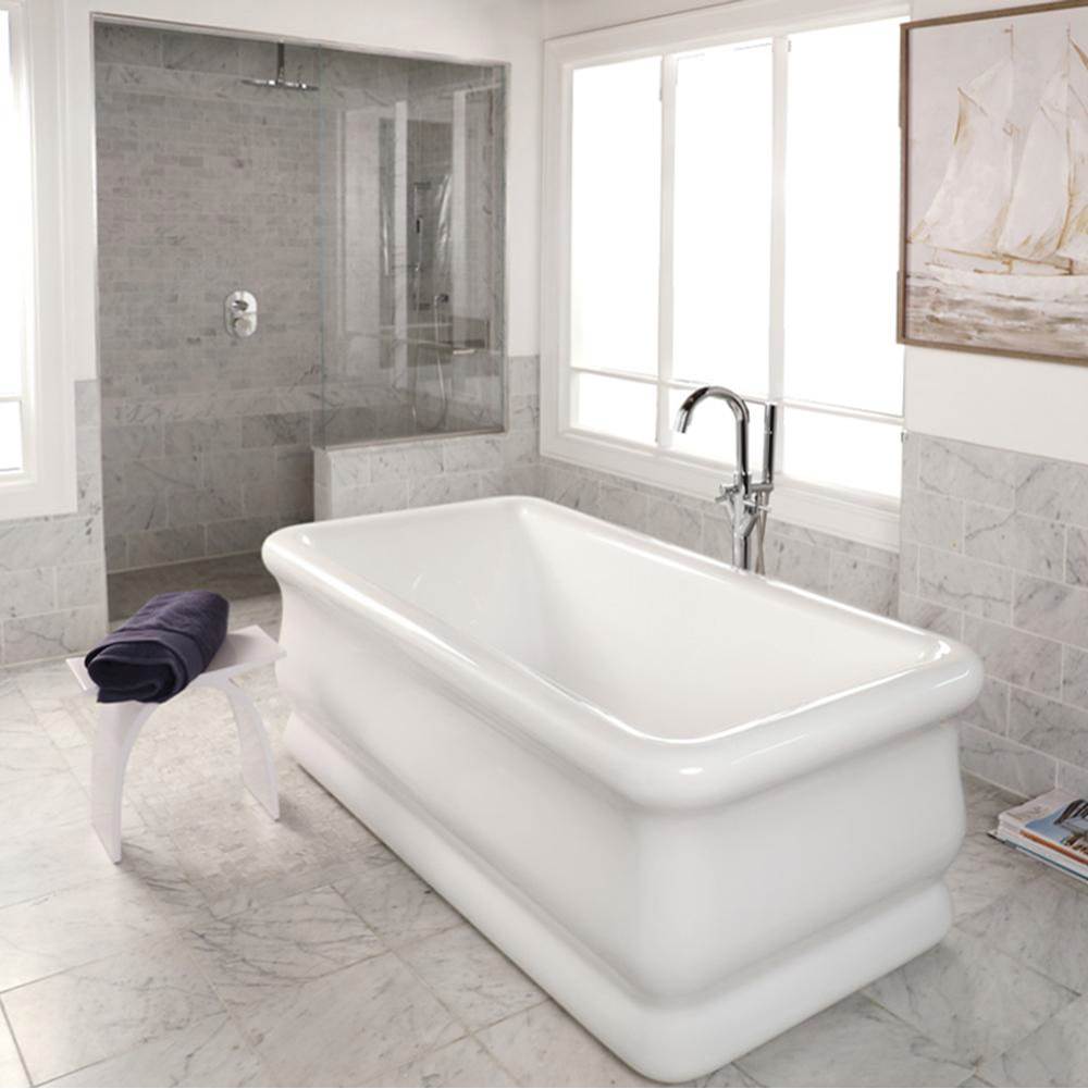 Lacava Free-standing soaking bathtub made of luster white acrylic with an overflow and polished chrome drain,  net weight 133 lbs, water capacity 84.