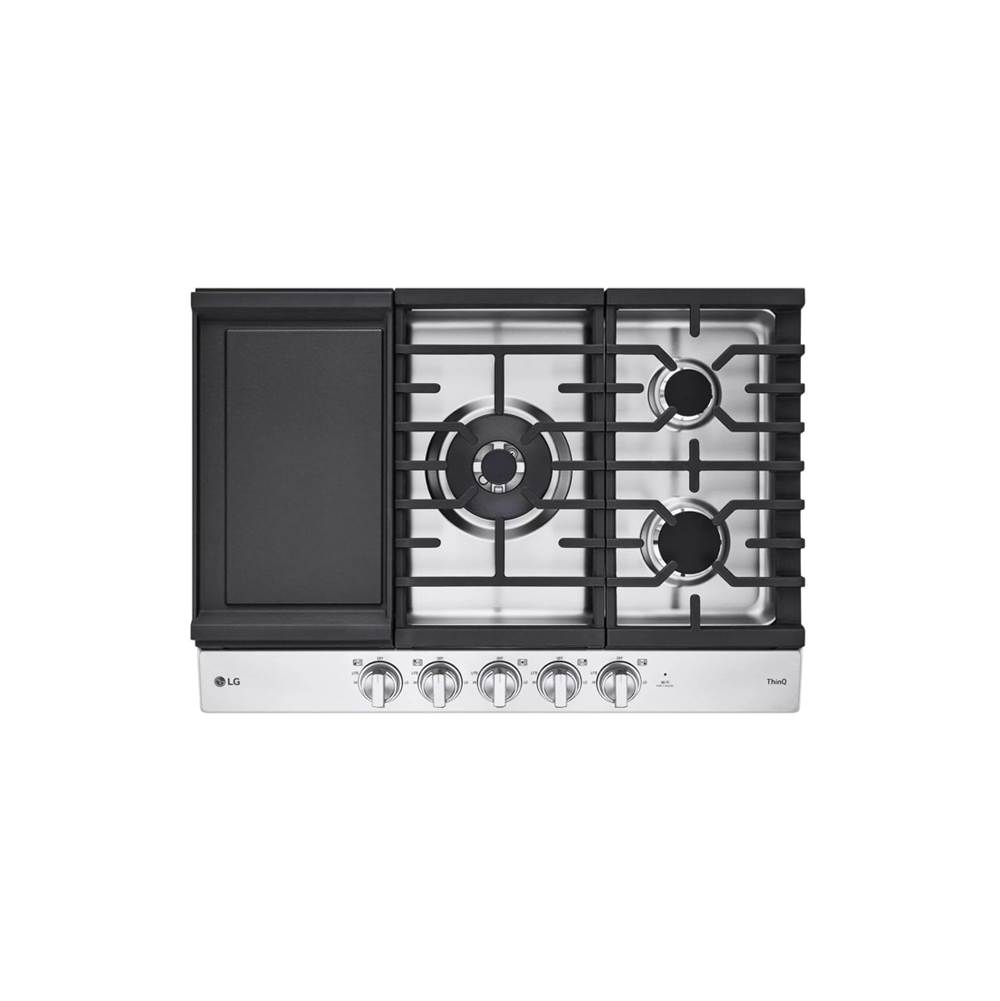 LG Appliances 30'' Smart Gas Cooktop 22K BTU, EasyClean® Cooktop, Backlit Weighted Knobs, ThinQ App, Stainless Steel