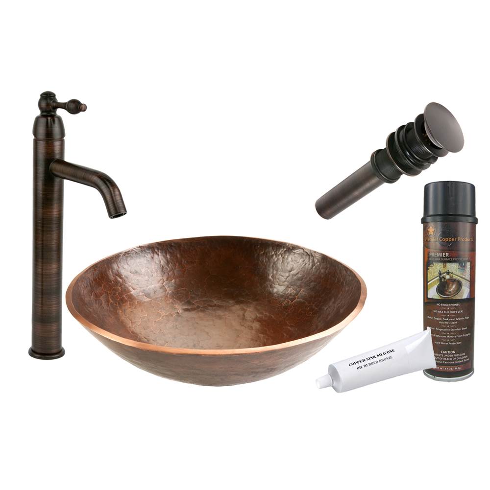 Premier Copper Products Round Hand Forged Old World Copper Vessel Sink with ORB Single Handle Vessel Faucet, Matching Drain and Accessories