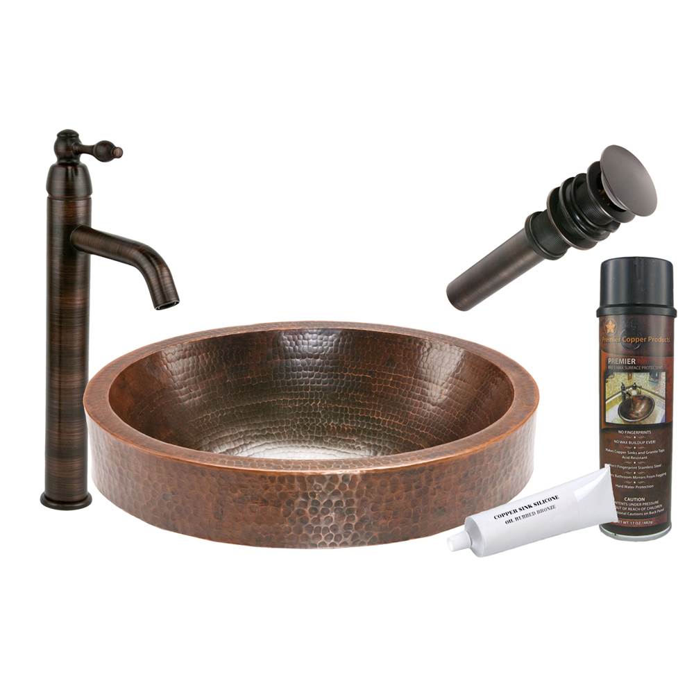 Premier Copper Products Oval Skirted Vessel Hammered Copper Sink with ORB Single Handle Vessel Faucet, Matching Drain and Accessories