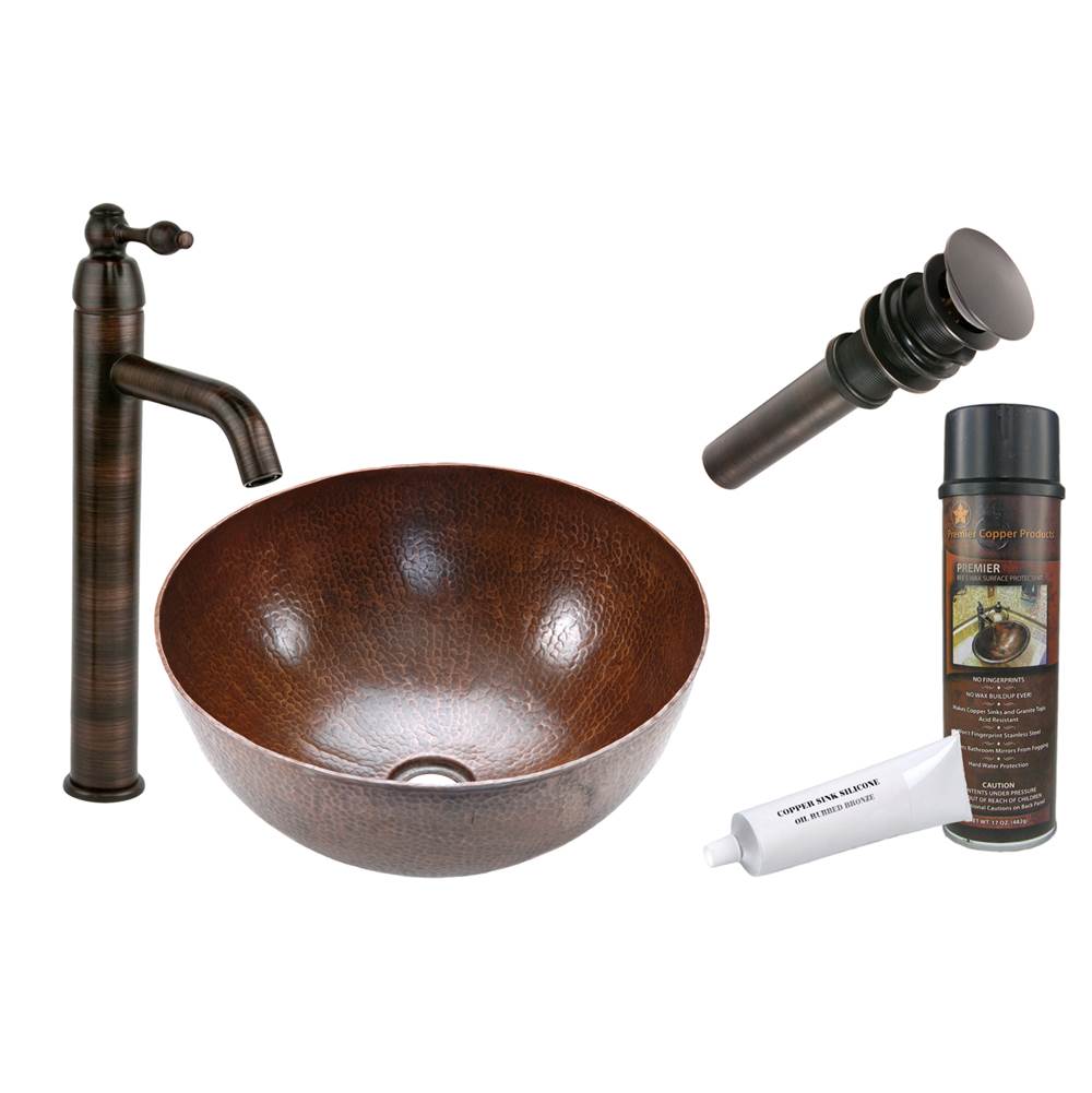 Premier Copper Products Medium Round Vessel Hammered Copper Sink with ORB Single Handle Vessel Faucet, Matching Drain and Accessories