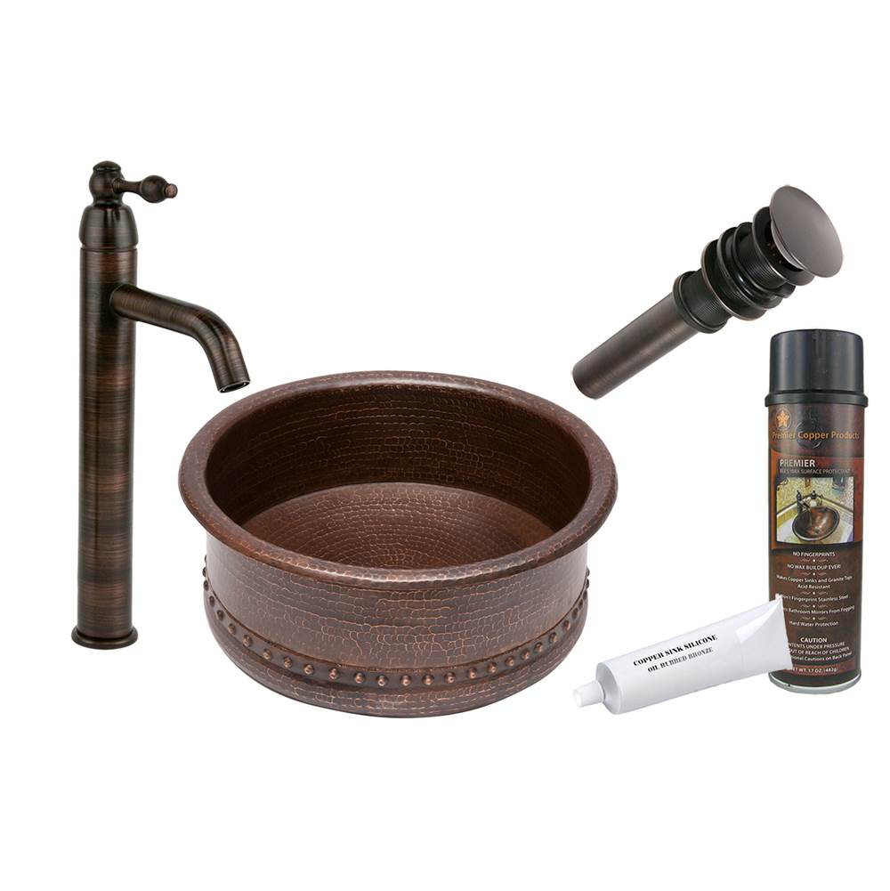 Premier Copper Products Round Vessel Tub Hammered Copper Sink with ORB Single Handle Vessel Faucet, Matching Drain and Accessories