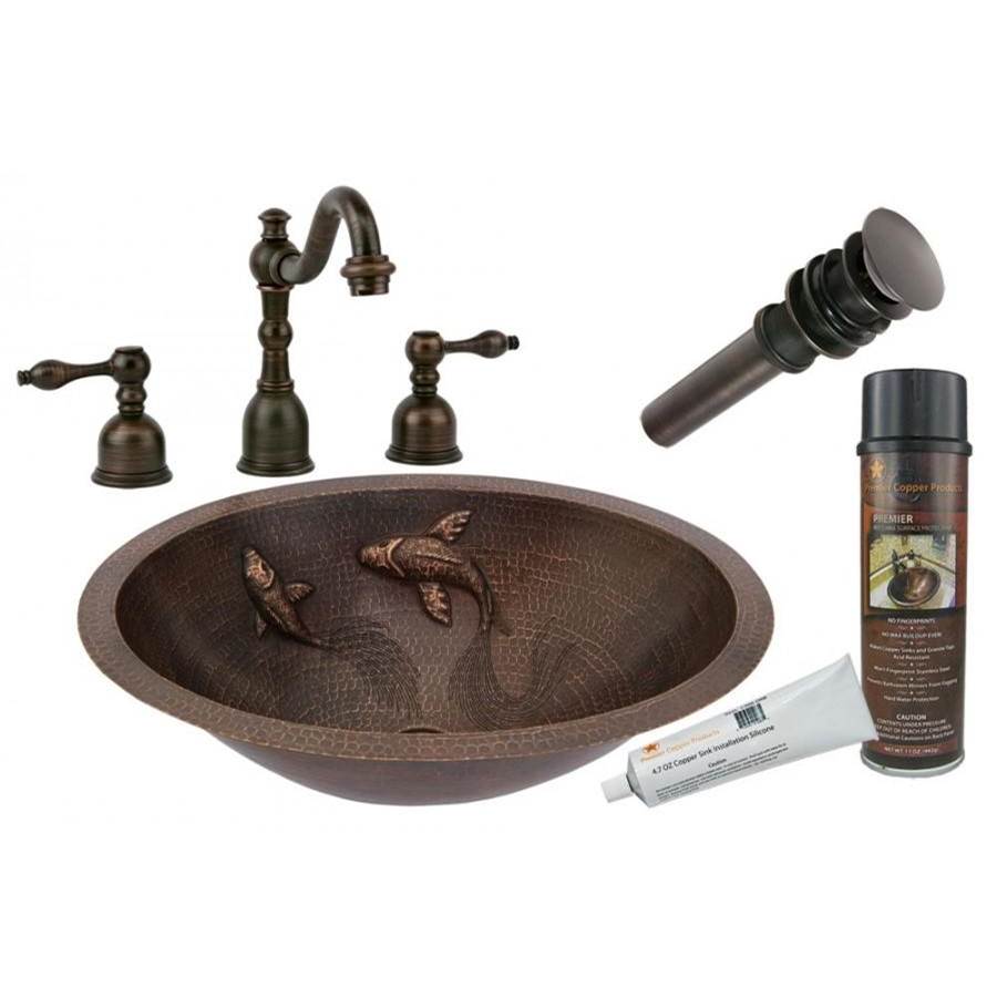 Premier Copper Products Oval Under Counter Hammered Copper Sink w/ Two Small Koi Fish Design with ORB Widespread Faucet, Matching Drain and Accessories