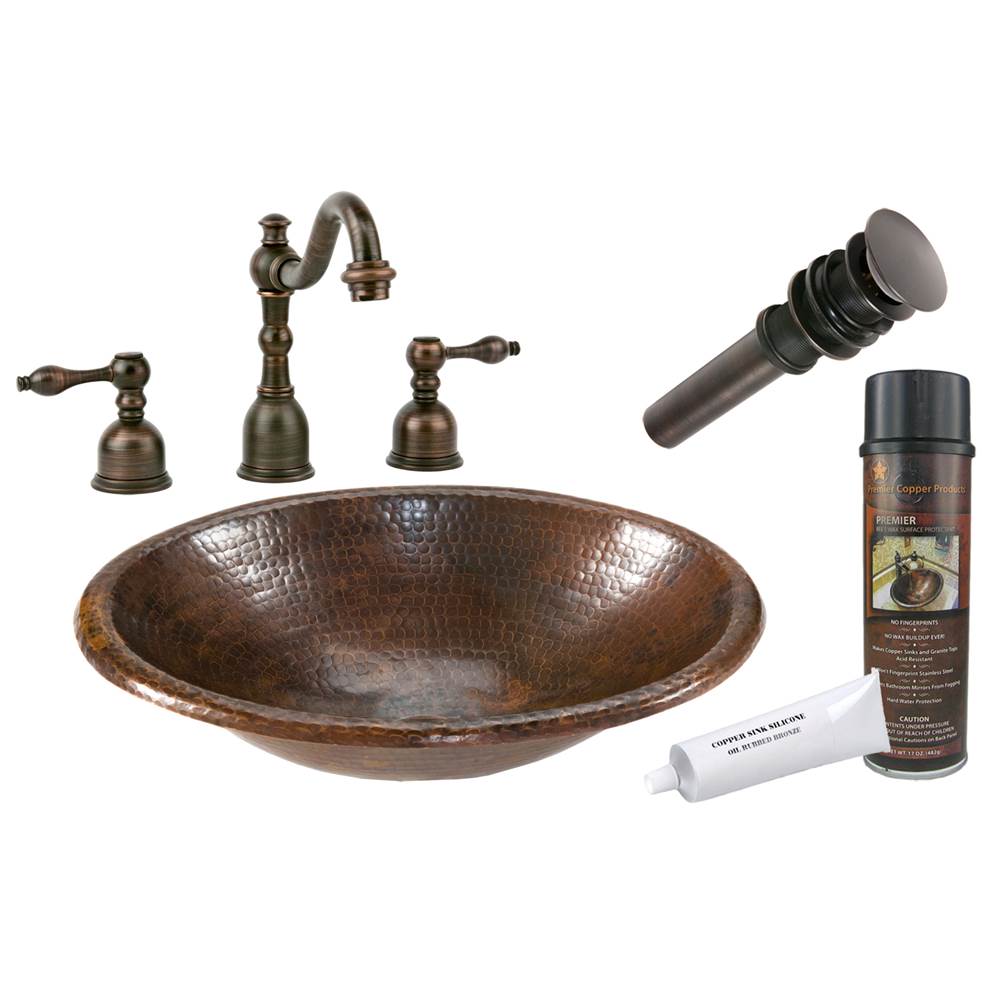Premier Copper Products Small Oval Self Rimming Hammered Copper Sink with ORB Widespread Faucet, Matching Drain and Accessories