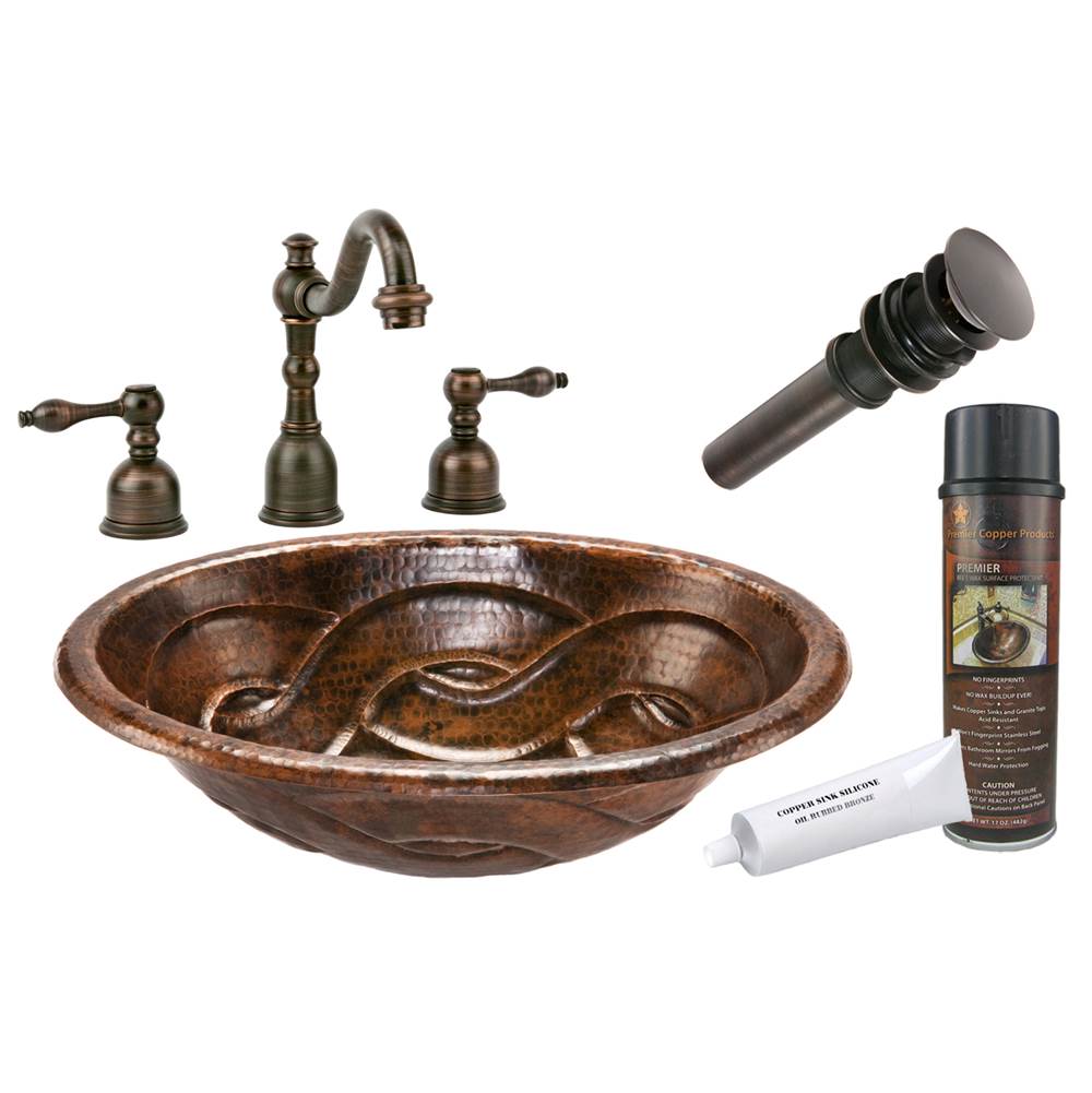 Premier Copper Products Oval Braid Self Rimming Hammered Copper Sink with ORB Widespread Faucet, Matching Drain and Accessories