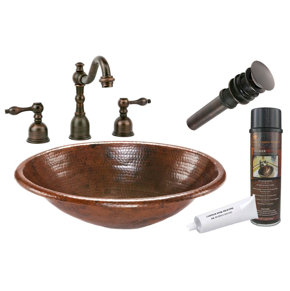 Premier Copper Products Oval Self Rimming Hammered Copper Sink with ORB Widespread Faucet, Matching Drain and Accessories