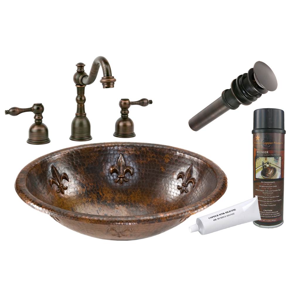 Premier Copper Products Oval Fleur De Lis Self Rimming Hammered Copper Sink with ORB Widespread Faucet, Matching Drain and Accessories
