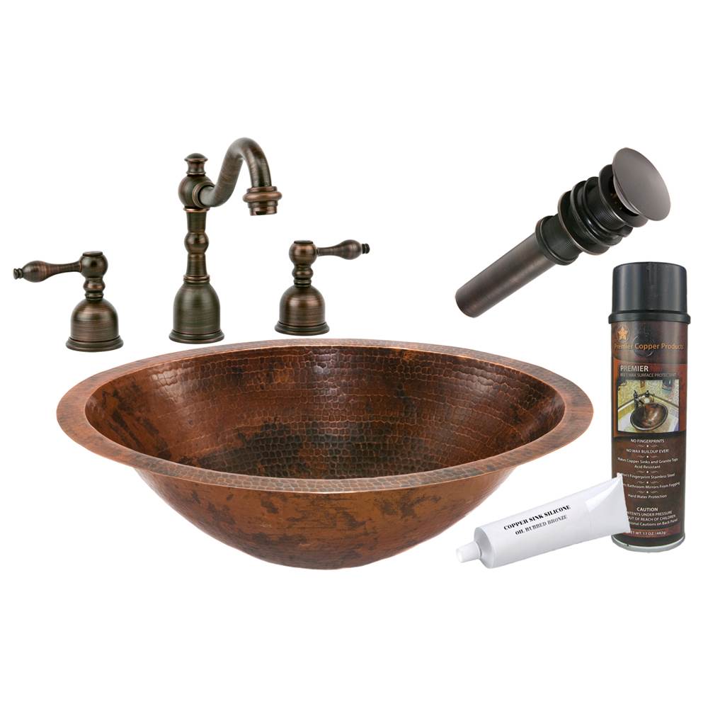 Premier Copper Products Master Bath Oval Under Counter Hammered Copper Sink with ORB Widespread Faucet, Matching Drain and Accessories
