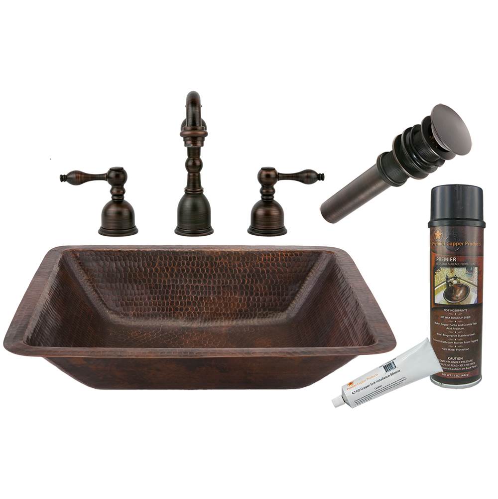 Premier Copper Products Rectangle Under Counter Hammered Copper Sink with ORB Widespread Faucet, Matching Drain and Accessories