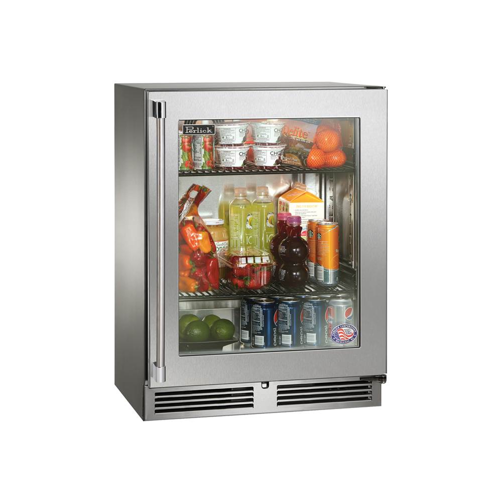 Perlick Signature Series Shallow Depth 18'' Depth Marine Grade Refrigerator w/ stainless steel glass door, hinge right, w/ lock