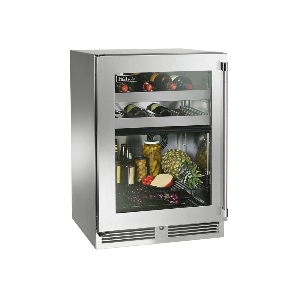 Perlick 24'' Signature Series Marine Grade Dual-Zone Refrigerator/Wine Reserve w/ stainless steel glass door, hinge right