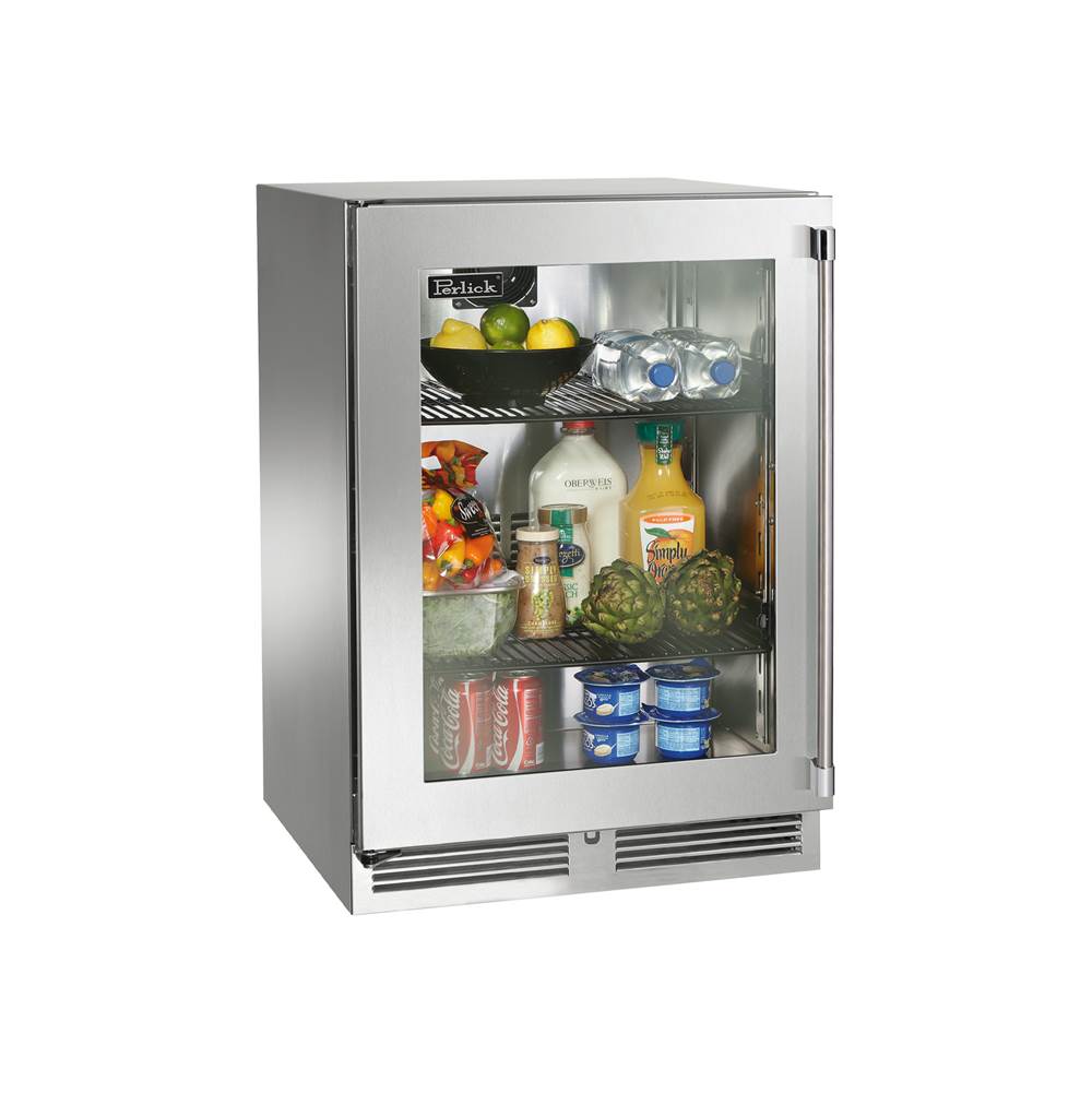 Perlick 24'' Signature Series Marine Grade Refrigerator w/ stainless steel glass door, hinge left, w/ lock