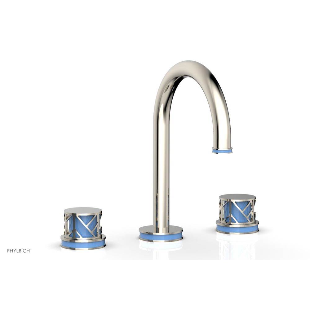 Phylrich Satin Nickel Jolie Widespread Lavatory Faucet With Gooseneck Spout, Round Cutaway Handles, And Light Blue Accents - 1.2GPM