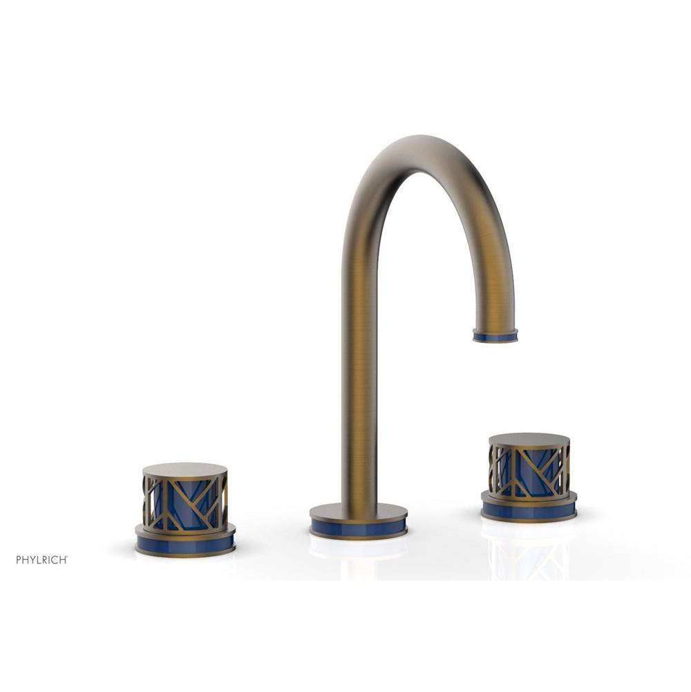 Phylrich Old English Brass Jolie Widespread Lavatory Faucet With Gooseneck Spout, Round Cutaway Handles, And Navy Blue Accents - 1.2GPM