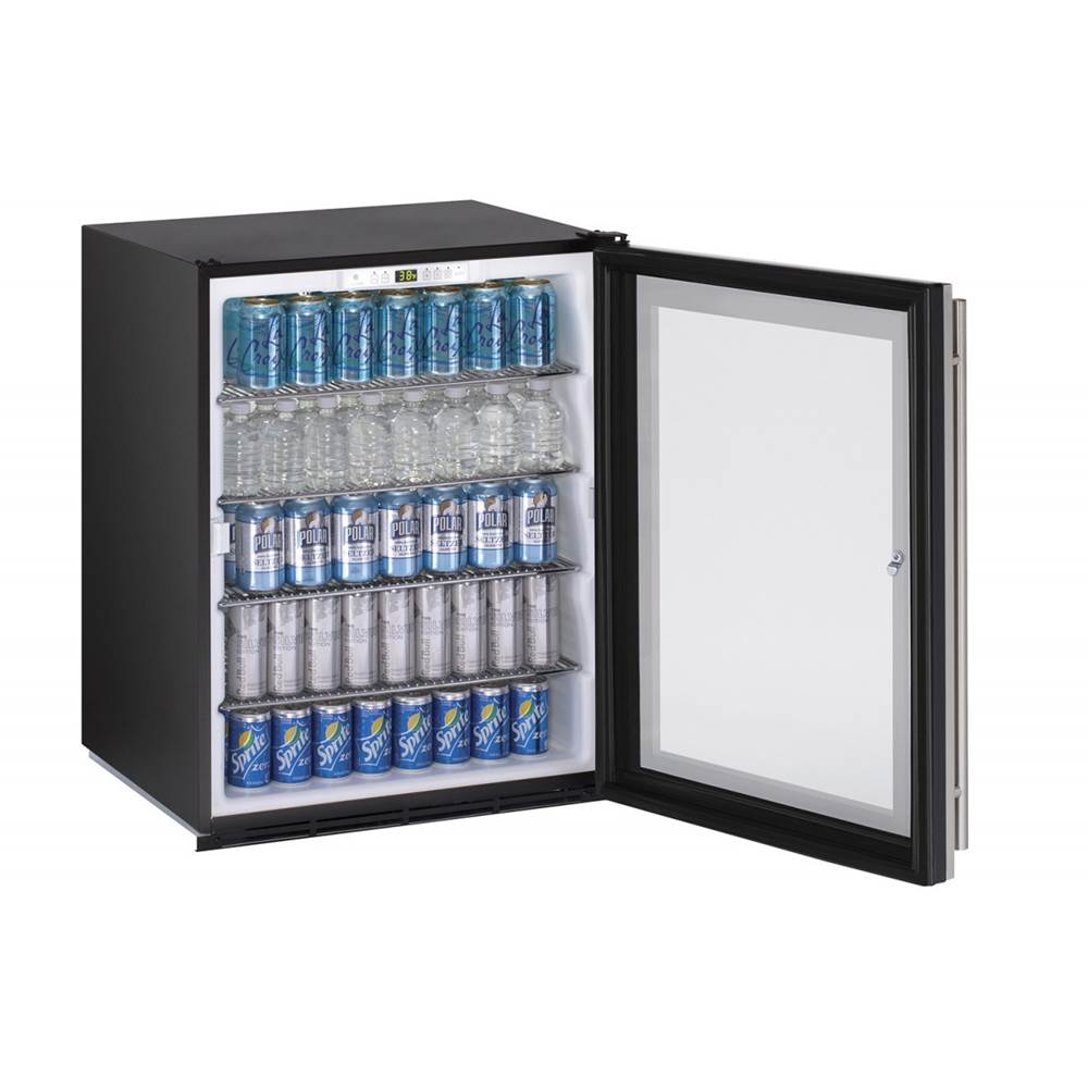 U Line Glass Refrigerator 24'' Lock Reversible Hinge Stainless 115v