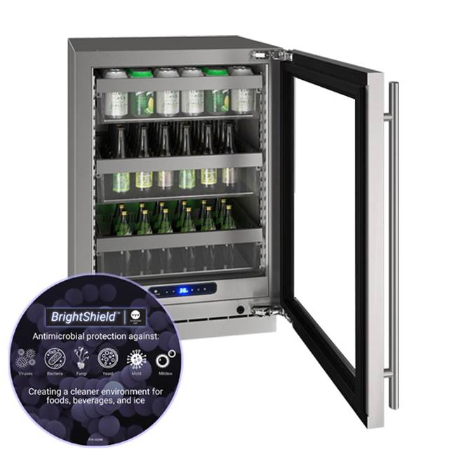 U Line Glass Refrigerator 24'' Reversible Hinge Stainless Frame 115v BrightShield