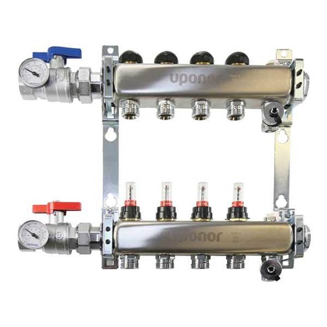 Uponor Stainless-Steel Manifold Assembly, 1'' With Flow Meter, B And I, Ball Valve, 3 Loops