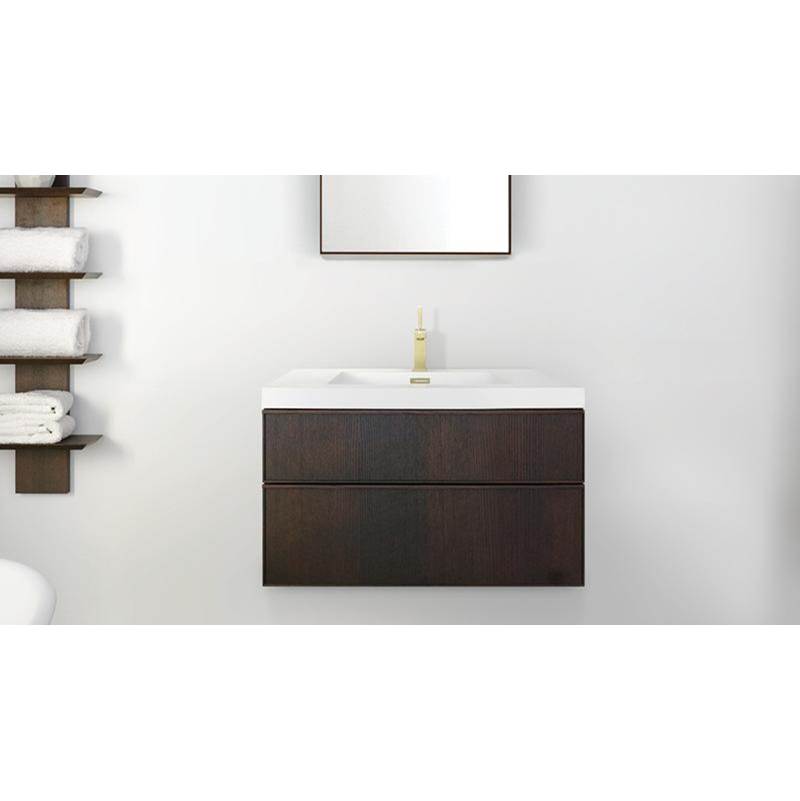 WETSTYLE Furniture Frame Linea Metro Serie - Vanity Wall-Mount 24 X 18 - 2 Drawers, Horse Shoe Drawers - Oak Smoked And White Matte Glass Insert