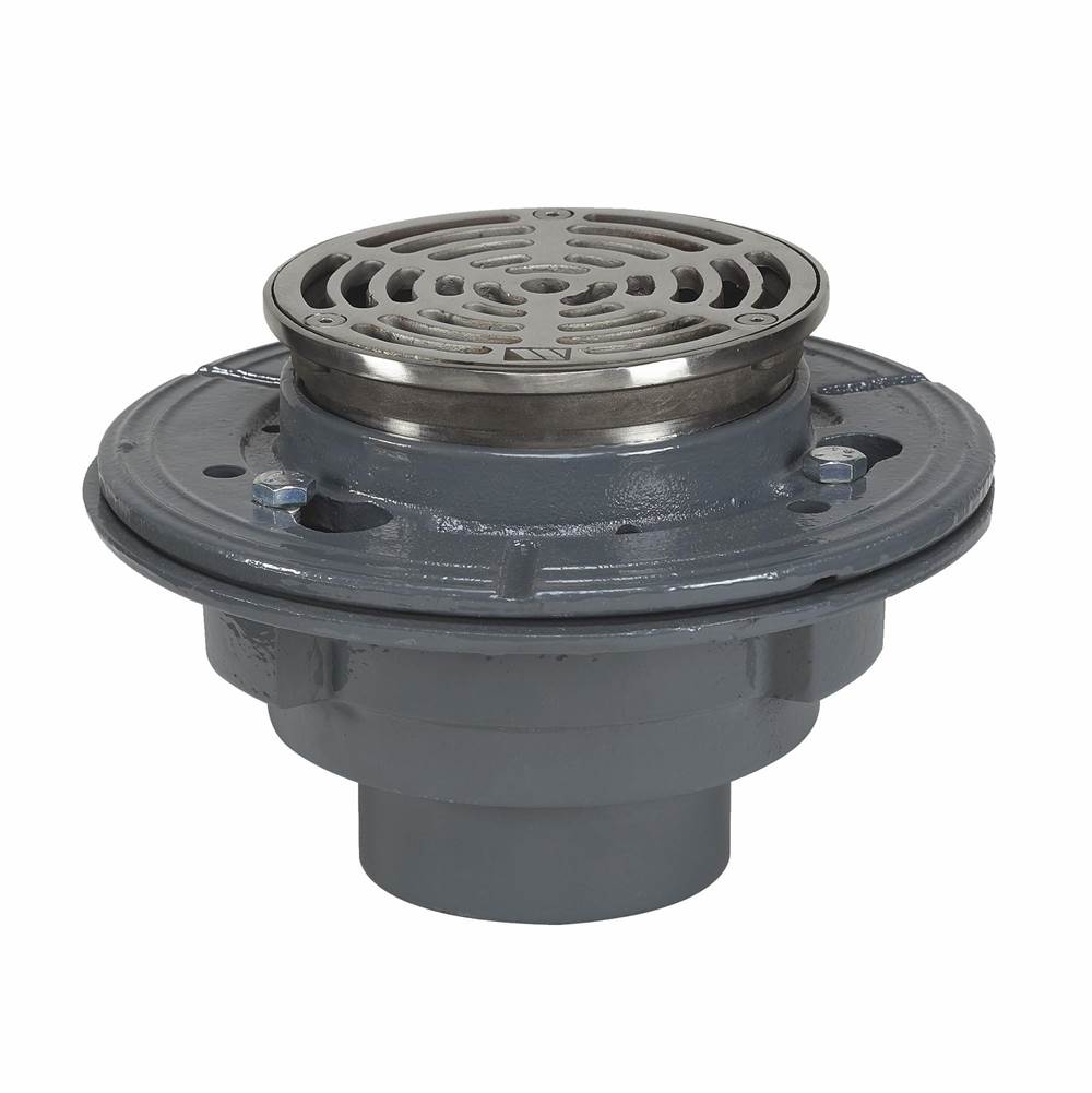 Watts Floor Drain, 2 IN Pipe, No Hub, Anchor Flange, Reversible Clamping Collar, 5 IN Adjustable Round Stainless Steel Top, Epoxy Coated Cast Iron