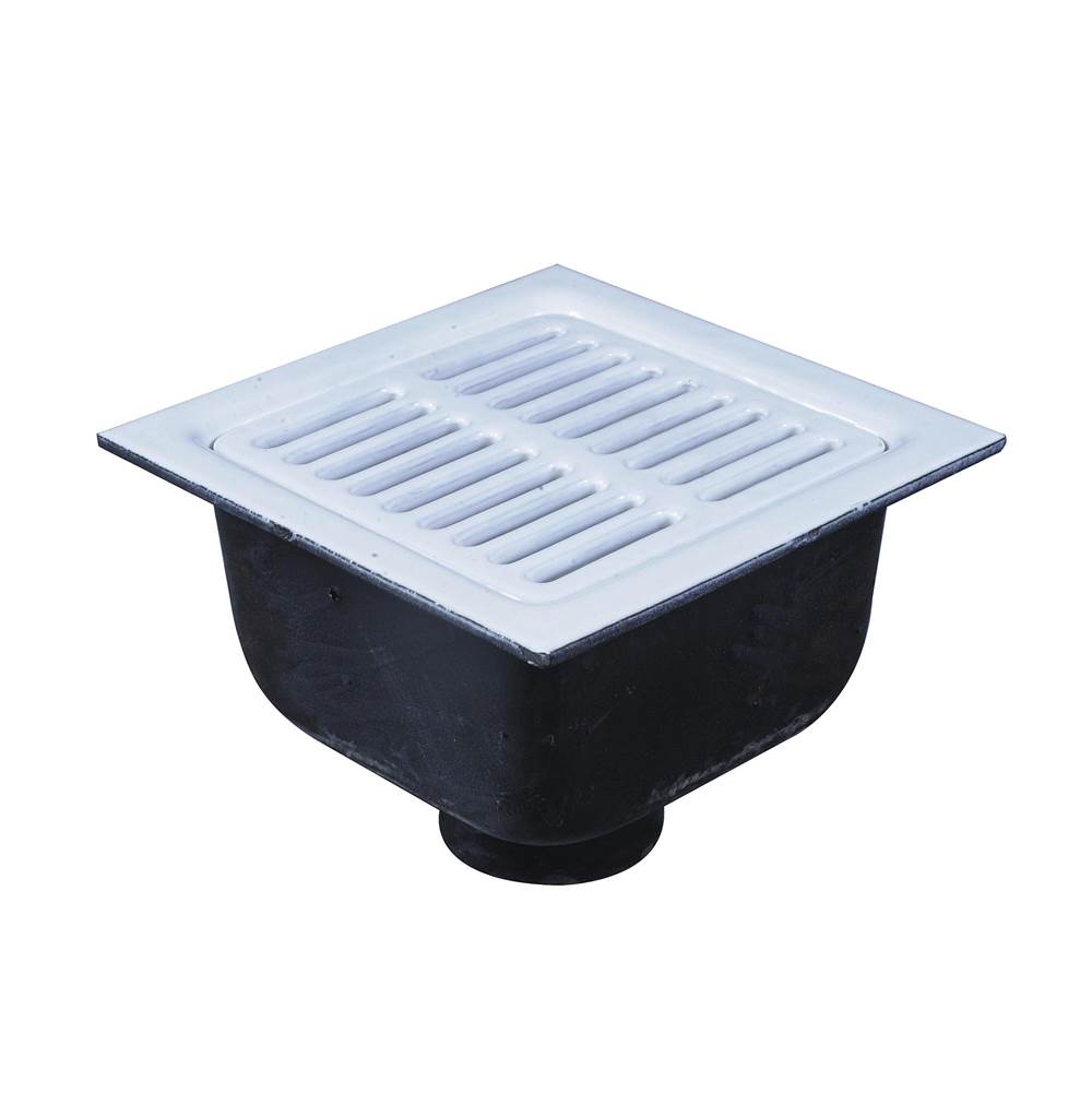 Watts Floor Sink, 2 IN Pipe, No Hub, 12 IN Square , 6 IN Deep Porcelain Enamel Coated Cast Iron Grate, Dome Bottom Strainer, No Hub