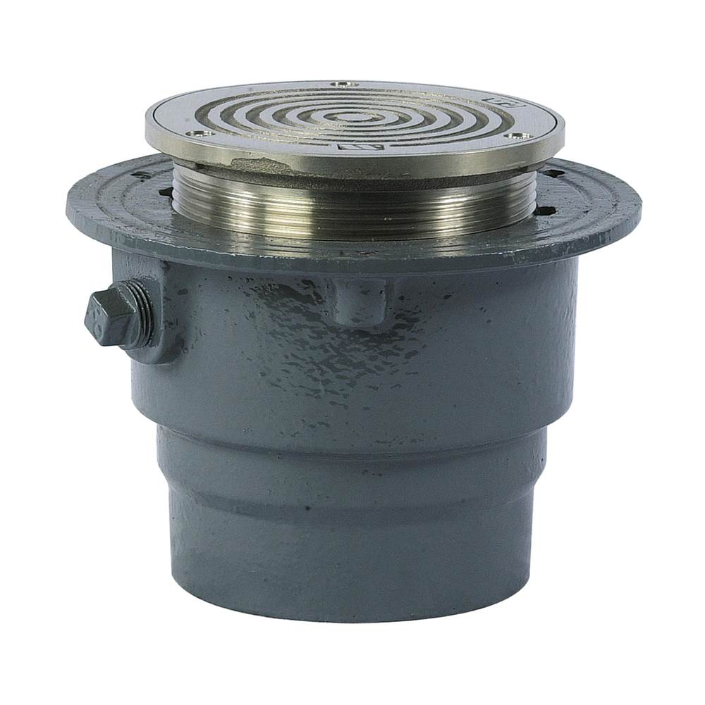 Watts Floor Cleanout, Epoxy Coated Cast Iron, 5 IN Round, Adjustable, Gasketed Nickel Bronze Top, Brass Cleanout Plug, 3 IN PO Outlet, MD Load Rating
