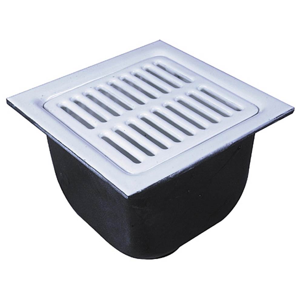Watts Floor Sink, 2 IN Pipe, No Hub, 12 IN Square , 8 IN Deep Porcelain Enamel Coated Cast Iron Grate, Dome Bottom Strainer, Push On